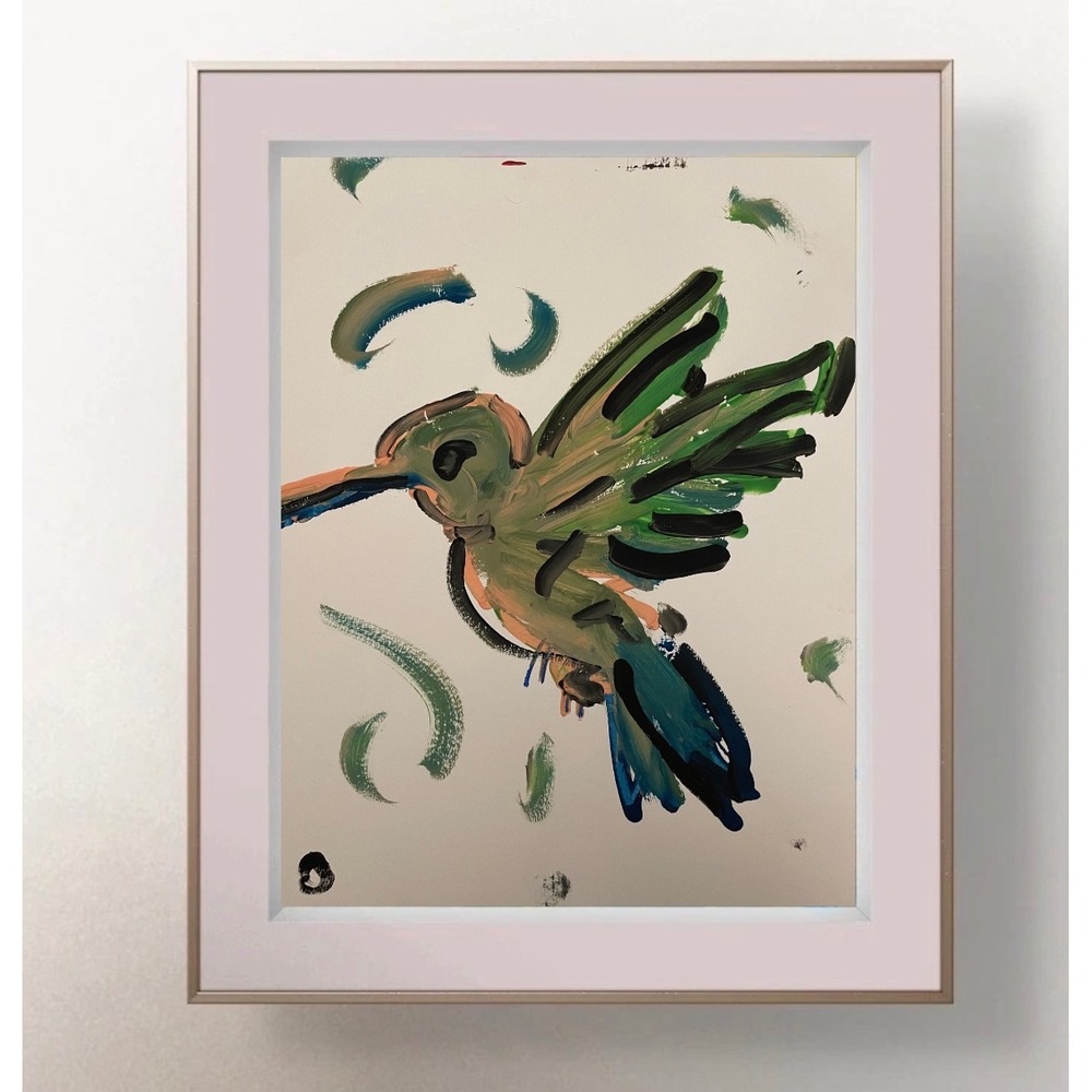 OMAN Original Hummingbird Painting 9x12 Abstract Bird Art on Paper Green Blue